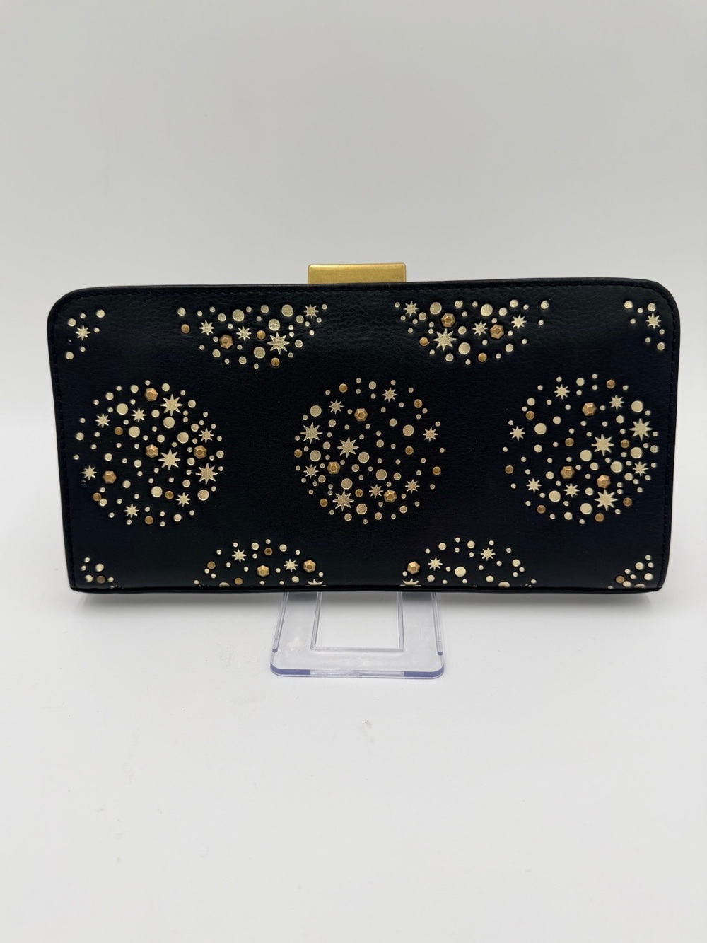 NWT Fossil Brown Leather Studded Frame Clutch Wallet Gold Celestial